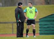 27 January 2011; Ireland head coach Declan Kidney with Gordon D'Arcy during squad training ahead of their RBS Six Nations Rugby Championship match against Italy on February 5th. Ireland Rugby squad training, University of Limerick, Limerick. Picture credit: Diarmuid Greene / SPORTSFILE