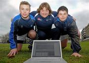 28 January 2011; Ireland rugby legend Shane Byrne, with Blackrock College students David Fortune, from Dun Laoighre, left, and Ryan Murphy, from Arklow, at the launch of a new training website Ruckingball.com. The website's purpose is to help rugby players, coaches & parents improve their techniques and understanding of the game. Blackrock College, Blackrock, Co. Dublin. Picture credit: Brian Lawless / SPORTSFILE