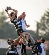 29 January 2011; David White, Old Belvedere, wins possession in a lineout for his side ahead of Billy Holland, Cork Constitution. Ulster Bank League Division 1A, Cork Constitution v Old Belvedere, Temple Hill, Cork. Picture credit: Barry Cregg / SPORTSFILE