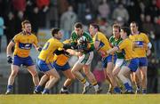 29 January 2011; Paul Geaney, Kerry, supported by team-mate Donnchadh Walsh, is surrounded by Clare players, from left, John Hayes, Diarmuid Daly, Niall White, Gordon Kelly, Martin McMahon and Rory Donnelly. McGrath Cup Final, Kerry v Clare, Dr. Crokes GAA Club, Lewis Road, Killarney, Co. Kerry. Picture credit: Stephen McCarthy / SPORTSFILE