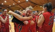 30 January 2010; DCU Mercy's Sarah Woods celebrates with team-mate Vicky Ronning after the game. Women's Superleague National Cup Final, Team Montenotte Hotel Cork v DCU Mercy, National Basketball Arena, Tallaght, Dublin. Picture credit: Brendan Moran / SPORTSFILE