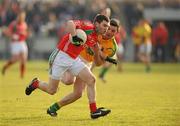 30 January 2011; Mark Ronaldson, Mayo, in action against Daniel Beck, Leitrim. FBD Connacht League Group 2, Leitrim v Mayo, Seán O'Heslin's GAA Club, Ballinamore, Co. Leitrim. Picture credit: Oliver McVeigh / SPORTSFILE