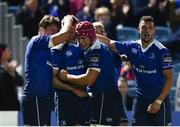 23 September 2016; Jonathan Sexton, centre left, of Leinster is conratulated by team-mates, from left, Jordi Murphy, Josh van der Flier and Zane Kirchner after scoring his side's third dry of the Guinness PRO12 Round 4 match between Leinster and Ospreys at the RDS Arena in Dublin. Photo by Ramsey Cardy/Sportsfile