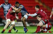 24 September 2016; Bundee Aki of Connacht is tackled by James Davies and Rhys Patchell of Scarlets during the Guinness PRO12 Round 4 match between Scarlets and Connacht at Parc Y Scarlets, Llanelli in Wales. Photo by Chris Fairweather/Sportsfile