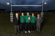 31 January 2011; ESB today announced a three year renewal of their sponsorship of the Under 20’s Six Nations Rugby Championship home fixtures. Pictured at the announcement are, from left, Eoin McKeon, Daniel Qualter and Niall Annett with Pat Hynes, President, Buccaneers RFC, left, and Ken McKervey. ESB will once more join with Buccaneers RFC in staging the home Six Nations U-20 Championship games for the sixth successive season at Dubarry Park, Athlone, kicking off with the match against France on Friday, February 11th at 19.45. . Buccaneers Rugby Club, Dubarry Park, Athlone. Picture credit: Stephen McCarthy / SPORTSFILE