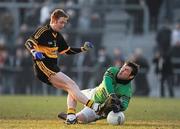 30 January 2011; Colm Cooper, Dr. Crokes, has his shot on goal saved by Brian Morgan, Nemo Rangers. AIB Munster GAA Football Senior Club Championship Final, Dr. Crokes v Nemo Rangers, Mallow Gaa & Sports Complex, Mallow, Co. Cork. Picture credit: Barry Cregg / SPORTSFILE