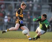 30 January 2011; Colm Cooper, Dr. Crokes, attempts to put the ball past goalkeeper Brian Morgan, Nemo Rangers. AIB Munster GAA Football Senior Club Championship Final, Dr. Crokes v Nemo Rangers, Mallow Gaa & Sports Complex, Mallow, Co. Cork. Picture credit: Barry Cregg / SPORTSFILE