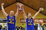 30 January 2010; UCD Marian captains Barry Glover, left, and Niall Meany lift the cup after defeating Killester. Men's Superleague National Cup Final, 11890 Killester v UCD Marian, National Basketball Arena, Tallaght, Dublin. Picture credit: Brendan Moran / SPORTSFILE
