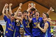 30 January 2010; The UCD Marian team celebrate with the cup after defeating Killester. Men's Superleague National Cup Final, 11890 Killester v UCD Marian, National Basketball Arena, Tallaght, Dublin. Picture credit: Brendan Moran / SPORTSFILE