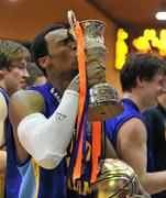 30 January 2010; MVP James Crowder, UCD Marian, kisses the cup after the game. Men's Superleague National Cup Final, 11890 Killester v UCD Marian, National Basketball Arena, Tallaght, Dublin. Picture credit: Brendan Moran / SPORTSFILE