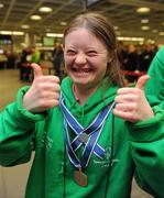 30 January 2011; Team Ireland's Clara Keogan, from Ballsbridge, Dublin, who won bronze in the Giant Slalom and fourth in the Slalom, returns to Dublin Airport following the Special Olympics European Ski Alpine Cup 2011 in Austria. Dublin Airport, Dublin. Picture credit: Brian Lawless / SPORTSFILE