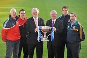 31 January 2011; At the launch of the Allianz Football Leagues 2011 are, from left, Cork manager Conor Counihan, Down footballer Danny Hughes, Brendan Murphy, Chief Executive, Allianz Ireland, Uachtarán CLG Criostóir Ó Cuana, Galway footballer Kieran Fitzgerald, and Meath manager Seamus McEnaney, with the Allianz Football League Division 1 trophy. Allianz Football Leagues 2011 Launch, Croke Park, Dublin. Picture credit: Brendan Moran / SPORTSFILE
