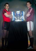 31 January 2011; At the launch of the Allianz Football Leagues 2011 are Down footballer Danny Hughes, left, and Galway footballer Kieran Fitzgerald and the Allianz Football League Division 1 trophy. Allianz Football Leagues 2011 Launch, Croke Park, Dublin. Picture credit: Brendan Moran / SPORTSFILE