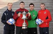 31 January 2011; Players representing the four northern teams contesting this year's Setanta Sports Cup, which begins on February 14th, are, from left, Billy Brennan, Lisburn Distillery FC, Brian Gartland, Portadown FC, Elliot Morris, Glentoran FC, and Billy Joe Burns, Linfield FC. Setanta Sports Cup Press Conference, FAI Headquarters, Abbotstown, Dublin. Picture credit: Barry Cregg / SPORTSFILE