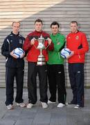31 January 2011; Players representing the four northern teams contesting this year's Setanta Sports Cup, which begins on February 14th, are, from left, Billy Brennan, Lisburn Distillery FC, Brian Gartland, Portadown FC, Elliot Morris, Glentoran FC, and Billy Joe Burns, Linfield FC. Setanta Sports Cup Press Conference, FAI Headquarters, Abbotstown, Dublin. Picture credit: Barry Cregg / SPORTSFILE