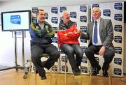 31 January 2011; At the launch of the Allianz Football Leagues 2011 is MC Michael Lyster asking questions of managers Seamus McEnaney of Meath, left, and Conor Counihan of Cork. Allianz Football Leagues 2011 Launch, Croke Park, Dublin. Picture credit: Brendan Moran / SPORTSFILE