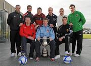 31 January 2011; Players representing the four League of Ireland and four Northern Ireland teams contesting this years Setanta Sports Cup which begins on February 14th are, back row, from left to right, Chris Turner, Shamrock Rovers FC, Ross Gaynor, Dundalk FC, Brian Gartland, Portadown FC, Billy Brennan, Lisburn Distillery FC, Richie Ryan, Sligo FC, Elliot Morris, Glentoran FC. Front row, from left to right , Billy Joe Burns, Linfield FC, Danny Murphy, St. Patricks Atlethic FC, and Shaun Williams, Sporting Fingal FC. Setanta Sports Cup Press Conference, FAI Headquarters, Abbotstown, Dublin. Picture credit: Barry Cregg / SPORTSFILE