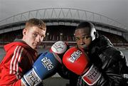 31 January 2011; Willie Casey, left, and Guillermo Rigondeaux after a press conference ahead of their WBA Super Bantamweight World Title Fight on March 19th in Citywest Convention Centre, Dublin. WBA Super Bantamweight World Title Fight Press Conference, Thomond Park, Limerick. Picture credit: Diarmuid Greene / SPORTSFILE