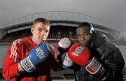 31 January 2011; Willie Casey, left, and Guillermo Rigondeaux after a press conference ahead of their WBA Super Bantamweight World Title Fight on March 19th in Citywest Convention Centre, Dublin. WBA Super Bantamweight World Title Fight Press Conference, Thomond Park, Limerick. Picture credit: Diarmuid Greene / SPORTSFILE