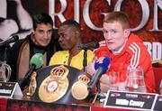 31 January 2011; Willie Casey speaking during a press conference alongside Guillermo Rigondeaux, with his interpreter Ricardo DeCubas, ahead of their WBA Super Bantamweight World Title Fight on March 19th in Citywest Convention Centre, Dublin. WBA Super Bantamweight World Title Fight Press Conference, Thomond Park, Limerick. Picture credit: Diarmuid Greene / SPORTSFILE