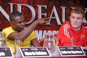 31 January 2011; Guillermo Rigondeaux speaking during a press conference alongside Willie Casey ahead of their WBA Super Bantamweight World Title Fight on March 19th in Citywest Convention Centre, Dublin. WBA Super Bantamweight World Title Fight Press Conference, Thomond Park, Limerick. Picture credit: Diarmuid Greene / SPORTSFILE