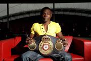 31 January 2011; Guillermo Rigondeaux with his WBA Super Bantamweight belt before a press conference ahead of his WBA Super Bantamweight World Title Fight against Willie Casey on March 19th in Citywest Convention Centre, Dublin. WBA Super Bantamweight World Title Fight Press Conference, Thomond Park, Limerick. Picture credit: Diarmuid Greene / SPORTSFILE