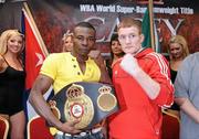 31 January 2011; Willie Casey, right, and Guillermo Rigondeaux after a press conference ahead of their WBA Super Bantamweight World Title Fight on March 19th in Citywest Convention Centre, Dublin. WBA Super Bantamweight World Title Fight Press Conference, Thomond Park, Limerick. Picture credit: Diarmuid Greene / SPORTSFILE