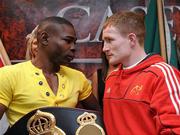 31 January 2011; Willie Casey, right, and Guillermo Rigondeaux go face-to-face after a press conference ahead of their WBA Super Bantamweight World Title Fight on March 19th in Citywest Convention Centre, Dublin. WBA Super Bantamweight World Title Fight Press Conference, Thomond Park, Limerick. Picture credit: Diarmuid Greene / SPORTSFILE