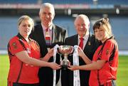 1 February 2011; In attendance at the launch of the 2011 Bord Gáis Energy Ladies National Football League, were, from left, Kyla Trainor, Down, Ger Cunningham, Sports Sponsorship Manager, Bord Gáis Energy, Pat Quill, President, Cumann Peil Gael na mBan and Kathryn Boden, Down, with the Division 3 trophy. Croke Park, Dublin. Picture credit: Brendan Moran / SPORTSFILE
