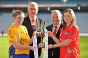 1 February 2011; In attendance at the launch of the 2011 Bord Gáis Energy Ladies National Football League, were, from left, Marla Candon, Roscommon, Ger Cunningham, Sports Sponsorship Manager, Bord Gáis Energy, Pat Quill, President, Cumann Peil Gael na mBan and Susan Byrne, Louth, with the Division 4 trophy. Croke Park, Dublin. Picture credit: Brendan Moran / SPORTSFILE