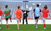 1 February 2011; In attendance at the launch of the 2011 Bord Gáis Energy Ladies National Football League is former Cork goalkeeper and current Sports Sponsorship Manager, Bord Gáis Energy, Ger Cunningham as he attempts so save shots at goal by inter-county Ladies Footballers. Croke Park, Dublin. Picture credit: Brendan Moran / SPORTSFILE