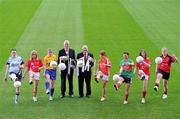 1 February 2011; In attendance at the launch of the 2011 Bord Gáis Energy Ladies National Football League, were, from left, Cliodhna O'Connor, Dublin, Amy O'Shea, Cork, Marla Candon, Roscommon, Ger Cunningham, Sports Sponsorship Manager, Bord Gáis Energy, Pat Quill, President, Cumann Peil Gael na mBan, Meabh Moriarty, Armagh, Fiona McHale, Mayo, Susan Byrne, Louth and Kyla Trainor, Down. Croke Park, Dublin. Picture credit: Brendan Moran / SPORTSFILE