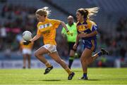 25 September 2016; Mairíosa McGourty of Antrim in action against Sinéad Hughes of Longford during the TG4 Ladies Football All-Ireland Junior Football Championship Final match between Antrim and Longford at Croke Park in Dublin.  Photo by Brendan Moran/Sportsfile