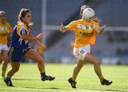25 September 2016; Áine Devlin of Antrim in action against Sinéad Hughes of Longford during the TG4 Ladies Football All-Ireland Junior Football Championship Final match between Antrim and Longford at Croke Park in Dublin.  Photo by Brendan Moran/Sportsfile