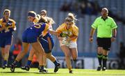 25 September 2016; Mairéad Cooper of Antrim in action against Michelle Noonan of Longford during the TG4 Ladies Football All-Ireland Junior Football Championship Final match between Antrim and Longford at Croke Park in Dublin.  Photo by Brendan Moran/Sportsfile