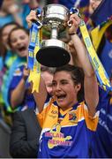 25 September 2016; Longford captain Mairéad Reynolds lifts the cup after the TG4 Ladies Football All-Ireland Junior Football Championship Final match between Antrim and Longford at Croke Park in Dublin.  Photo by Brendan Moran/Sportsfile