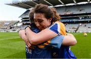 25 September 2016; Longford captain Mairéad Reynolds celebrates with her manager Micheal Bohan after the TG4 Ladies Football All-Ireland Junior Football Championship Final match between Antrim and Longford at Croke Park in Dublin. Photo by Piaras Ó Mídheach/Sportsfile