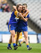 25 September 2016; Longford players Aishling Greene, left, and Ann Marie Bratton celebrate after the TG4 Ladies Football All-Ireland Junior Football Championship Final match between Antrim and Longford at Croke Park in Dublin.  Photo by Brendan Moran/Sportsfile