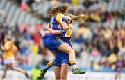 25 September 2016; Longford players Aoife Darcy, left, and Aisling Reynolds of Longford celebrate after the TG4 Ladies Football All-Ireland Junior Football Championship Final match between Antrim and Longford at Croke Park in Dublin.  Photo by Brendan Moran/Sportsfile