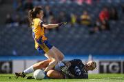 25 September 2016; Mary Hulgraine of Kildare makes a save from Gráinne Nolan of Clare during the TG4 Ladies Football All-Ireland Intermediate Football Championship Final match between Clare and Kildare at Croke Park in Dublin.  Photo by Brendan Moran/Sportsfile