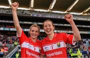 25 September 2016; Cork players Briege Corkery, left, and Rena Buckley celebrate after the Ladies Football All-Ireland Senior Football Championship Final match between Cork and Dublin at Croke Park in Dublin.  Photo by Brendan Moran/Sportsfile