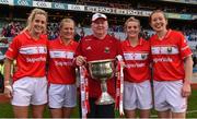 25 September 2016; Cork players who have won 11 senior All-Ireland football medals, from left, Bríd Stack, Deirdre O'Reilly, Briege Corkery and Rena Buckley with selector Frankie Honohan after the Ladies Football All-Ireland Senior Football Championship Final match between Cork and Dublin at Croke Park in Dublin.  Photo by Brendan Moran/Sportsfile