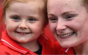 25 September 2016; Leila Foley, age 4, celebrates with her aunt, Vera Foley of Cork, after the Ladies Football All-Ireland Senior Football Championship Final match between Cork and Dublin at Croke Park in Dublin.  Photo by Brendan Moran/Sportsfile