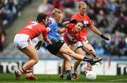 25 September 2016; Carla Rowe of Dublin has her shot blocked down by Marie Ambrose and Shauna Kelly, right, of Cork during the Ladies Football All-Ireland Senior Football Championship Final match between Cork and Dublin at Croke Park in Dublin.  Photo by Brendan Moran/Sportsfile