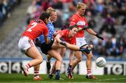25 September 2016; Carla Rowe of Dublin has her shot blocked down by Marie Ambrose and Shauna Kelly, right, of Cork during the Ladies Football All-Ireland Senior Football Championship Final match between Cork and Dublin at Croke Park in Dublin.  Photo by Brendan Moran/Sportsfile