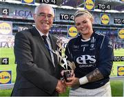 25 September 2016; Mary Hulgraine of Kildare is presented with the Player of the Match by Pádhraic Ó Ciardha, TG4, during the TG4 Ladies Football All-Ireland Intermediate Football Championship Final match between Clare and Kildare at Croke Park in Dublin.  Photo by Brendan Moran/Sportsfile