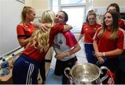 26 September 2016; Mary O'Donovan, age 13, from Ballygarvan, Cork, greets Cork footballer Bríd Stack during a visit to Our Lady's Children's Hospital, Crumlin, in Dublin. Photo by Piaras Ó Mídheach/Sportsfile