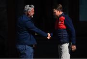 26 September 2016; Europe team captain Darren Clarke, left, and USA captain Davis Love III shake hands on their arrival ahead of The 2016 Ryder Cup Matches at the Hazeltine National Golf Club in Chaska, Minnesota, USA. Photo by Ramsey Cardy/Sportsfile