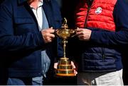 26 September 2016; Europe team captain Darren Clarke, left, and USA captain Davis Love III with the Ryder Cup on their arrival ahead of The 2016 Ryder Cup Matches at the Hazeltine National Golf Club in Chaska, Minnesota, USA. Photo by Ramsey Cardy/Sportsfile