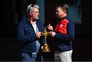 26 September 2016; Europe team captain Darren Clarke, left, and USA captain Davis Love III with the Ryder Cup on their arrival ahead of The 2016 Ryder Cup Matches at the Hazeltine National Golf Club in Chaska, Minnesota, USA. Photo by Ramsey Cardy/Sportsfile